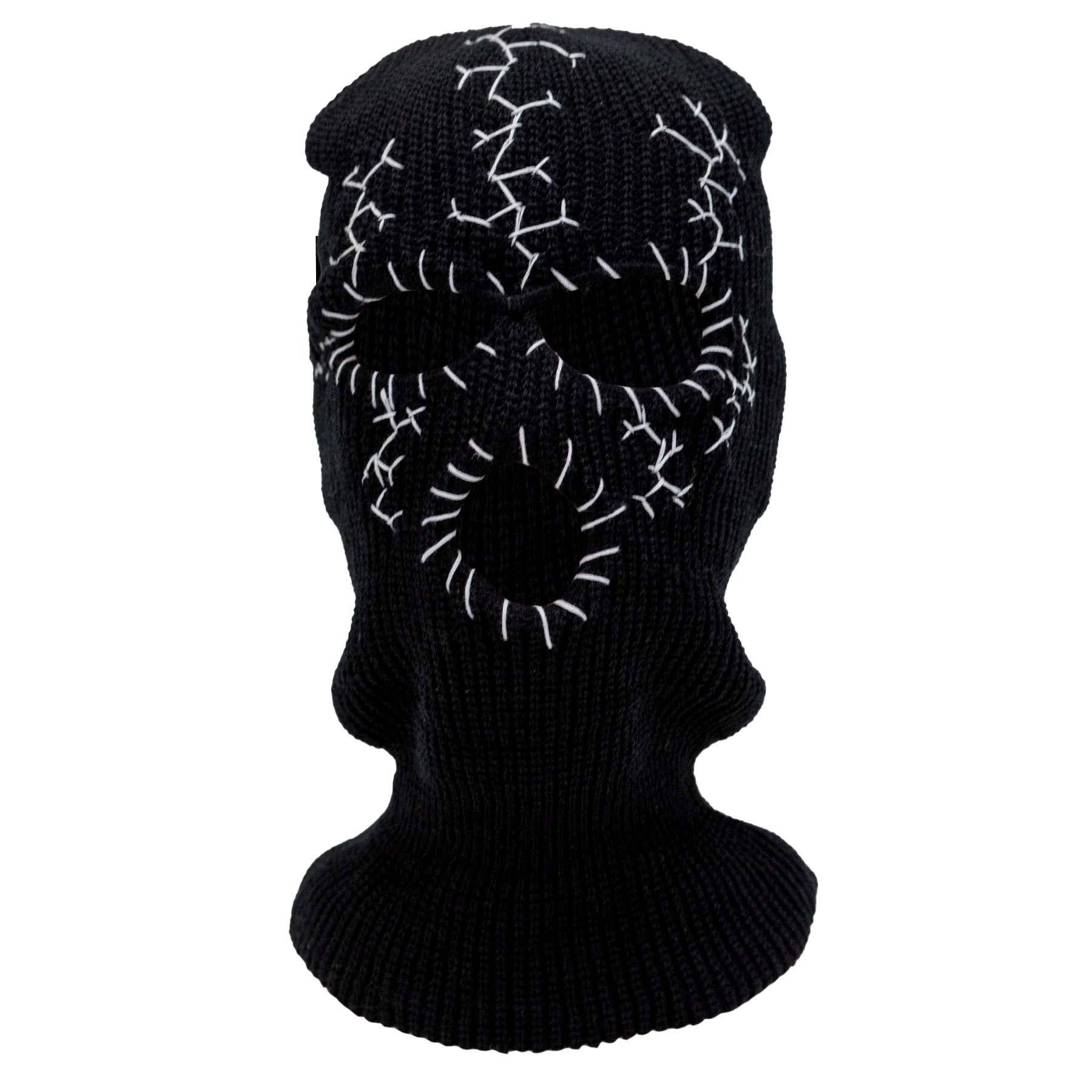 Black knit balaclava with white stitching on a white background